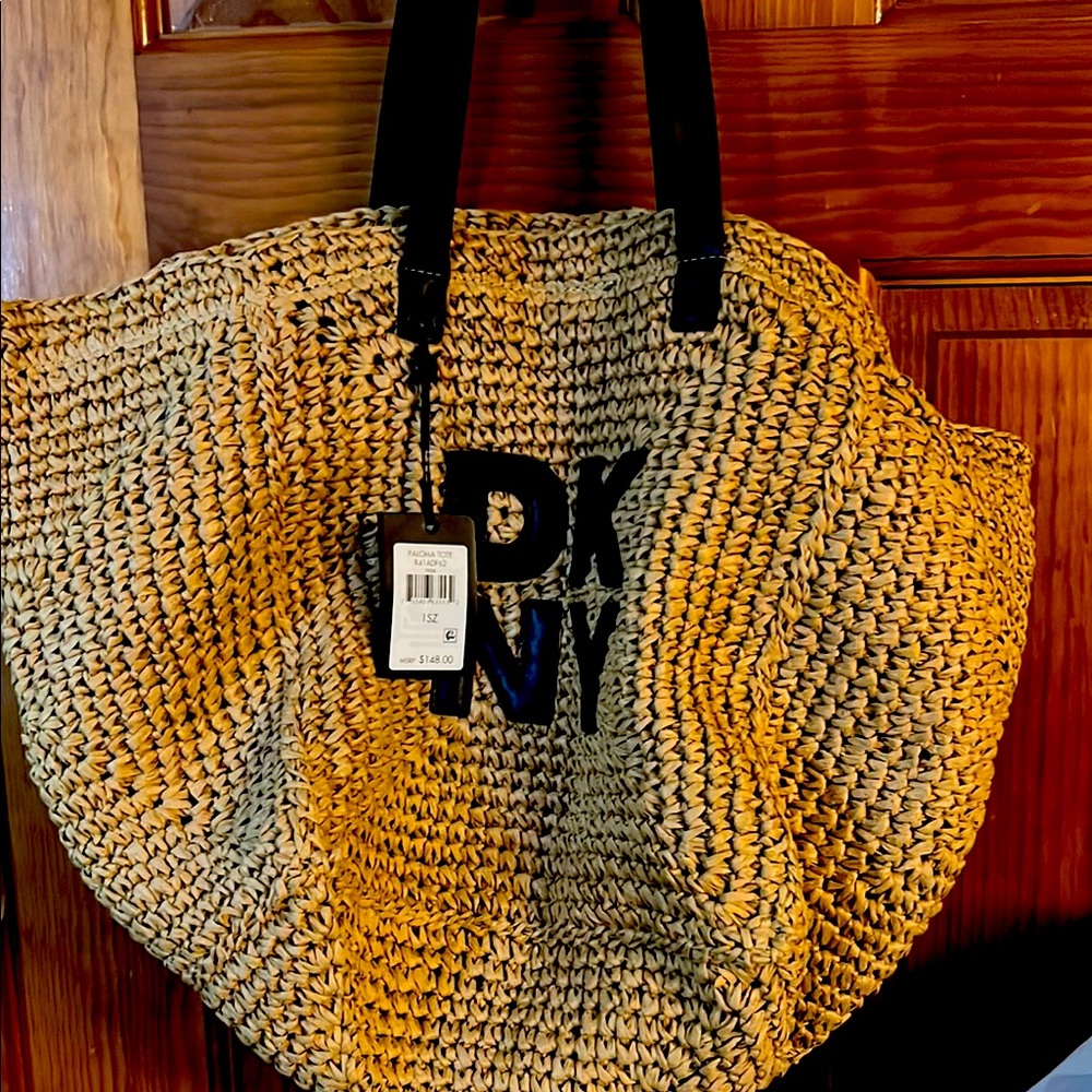 New DKNY  Paloma Woven Straw Tote with Black  Leather Handels $148